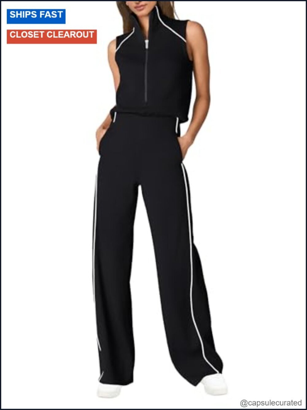 Women's Sleeveless Mock Neck Wide Leg Jumpsuit Romper with Pockets